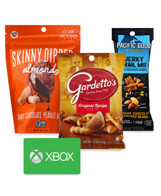 Skiny Dipped Penut Butter Almonds, Gardettos, Pacific Gold Jerky nTrail Mix, Xbox Gift Card